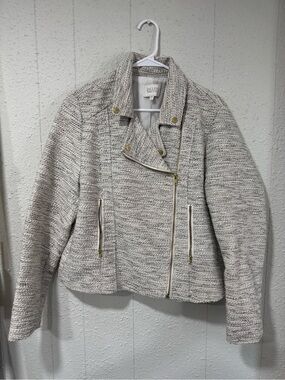 Jaclyn Smith Cream & Gray Tweed Moto Blazer with Gold Hardware